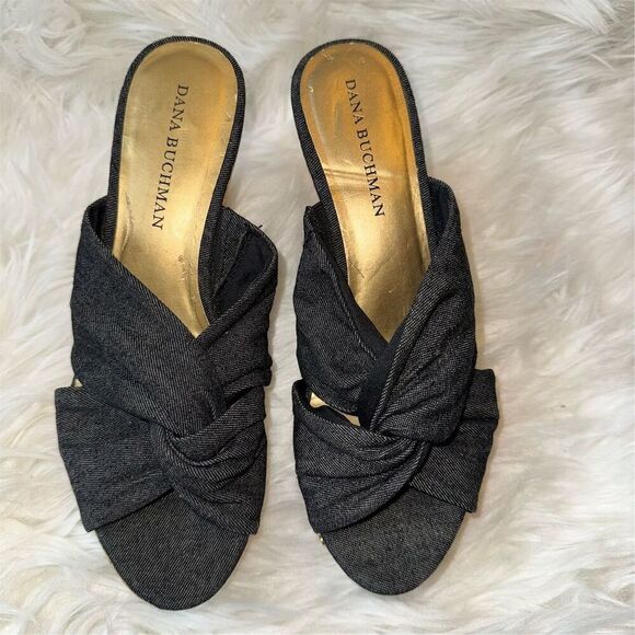 Dana Buchman Women's 7.5 Blue Denim Stud Open Toe Cork Wedge Sandals Espadrille - Picture 5 of 12